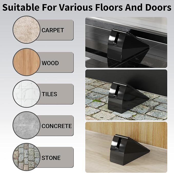 ZDZQJIA Heavy Duty Door Stoppers for Bottom of Door - Adjustable Spring Large Door Stop Wedge, Anti-Slip Rubber Grip,3" High Metal Doorstop Suits Carpet,Tile,Commercial,Home-Black1Pc+1 Wall Protector