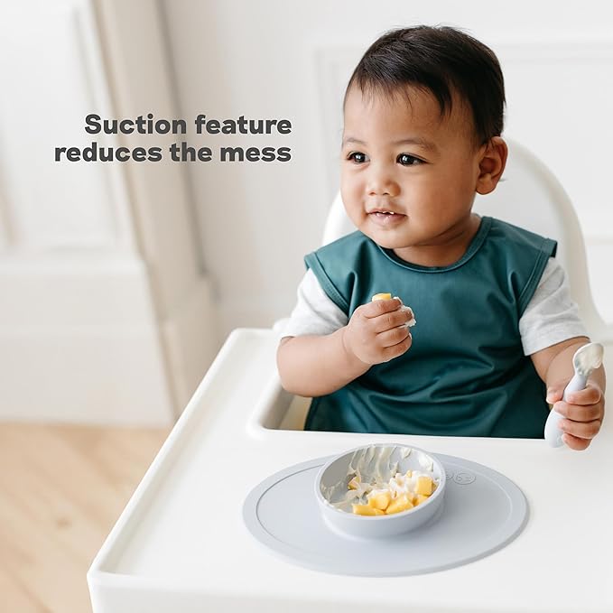 ezpz Tiny Bowl (Blue) - 6 Months+ - 100% Silicone Suction Placemat + Bowl for Infants - Fits All Highchair Trays - Baby-Led Weaning Supplies