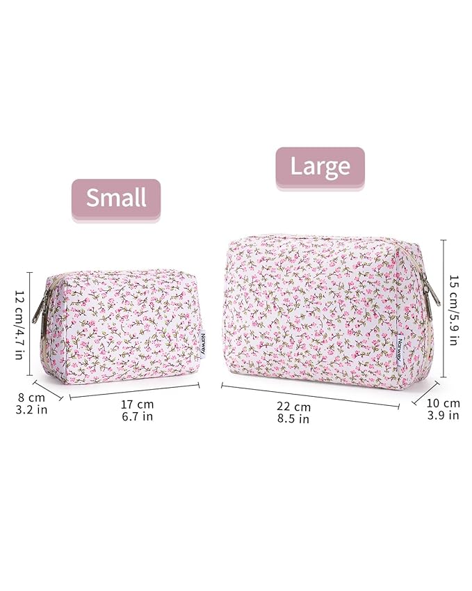 Narwey Small Cute Floral Makeup Bag for Purse Mini Cosmetic Bag Travel Makeup Pouch Zipper Pouch Cute Make up Bags with Compartments for Women Girls (Green Leaves and Flower, Small)