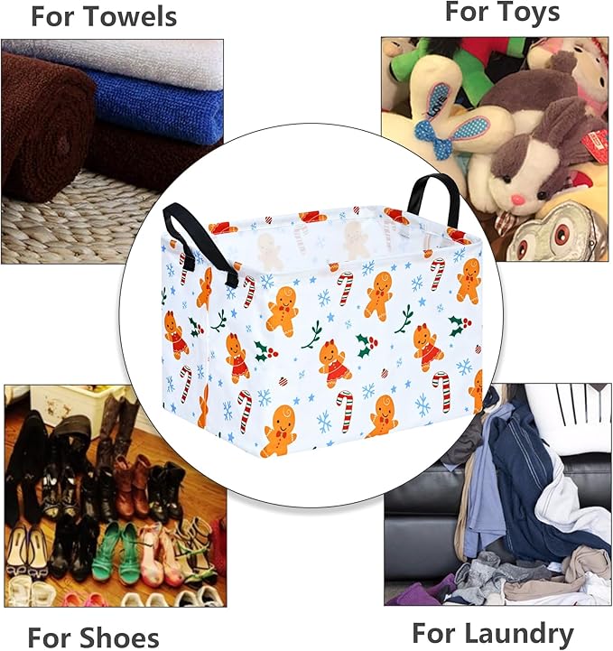 MAIZMZ Christmas Basket for Kids Gingerbread Santa Claus Snowman Storage Baskets Collapsible Nursery Hamper Waterproof Clothes Toy Bin Book Shelf Gift Basket Cube Xmas Party Decor