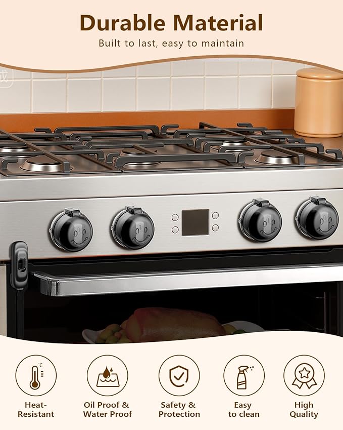 Oven Knob Covers - Heat Resistant Gas Stove Knob Locks with 3M Strong Adhesive, Oven Child Safety Lock for Kids & Pets, Oil & Water Proof, Easy to Use, Black (5+1 Pack)