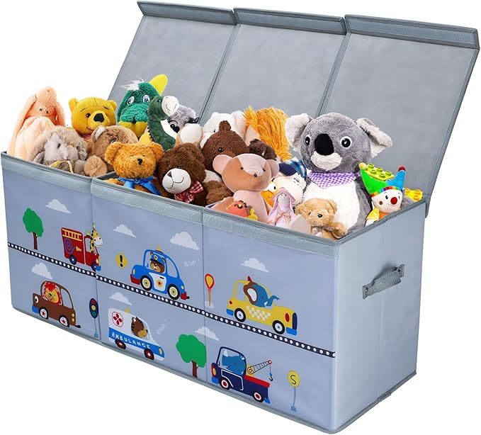 decalsweet Toy Box Chest for Kids, Collapsible Oxford Toy Storage Box with Handles for Boys, Extra Large Sturdy Waterproof Toy Organiser for Bedroom Playroom, 37.7×12.5×15.7 Inch (Animal Cars)