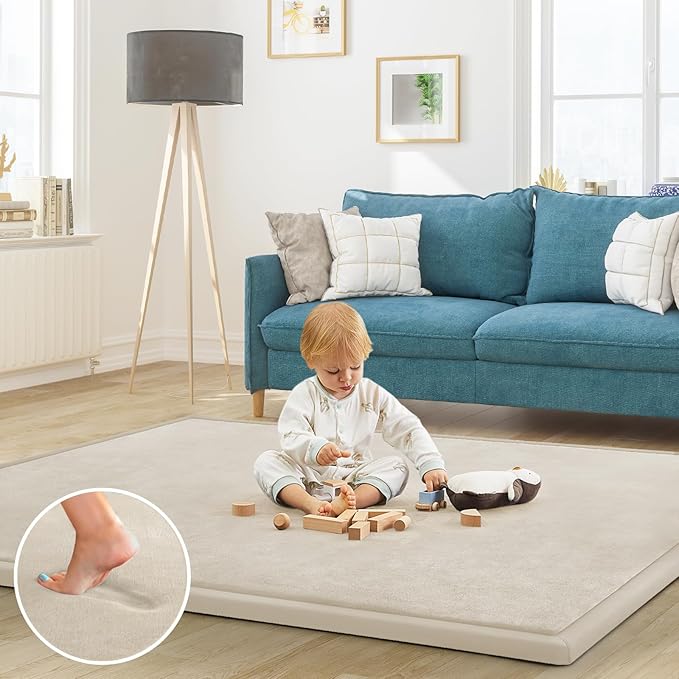Baby Play Mat for Floor Tummy Time Mat Nursery Muscle Area Rug Playroom Rug Tatami 59"*59" Memory Foam 1.3" Thick Crawling For Babies,Toddlers, Infants, Kids,Floor(Beige)