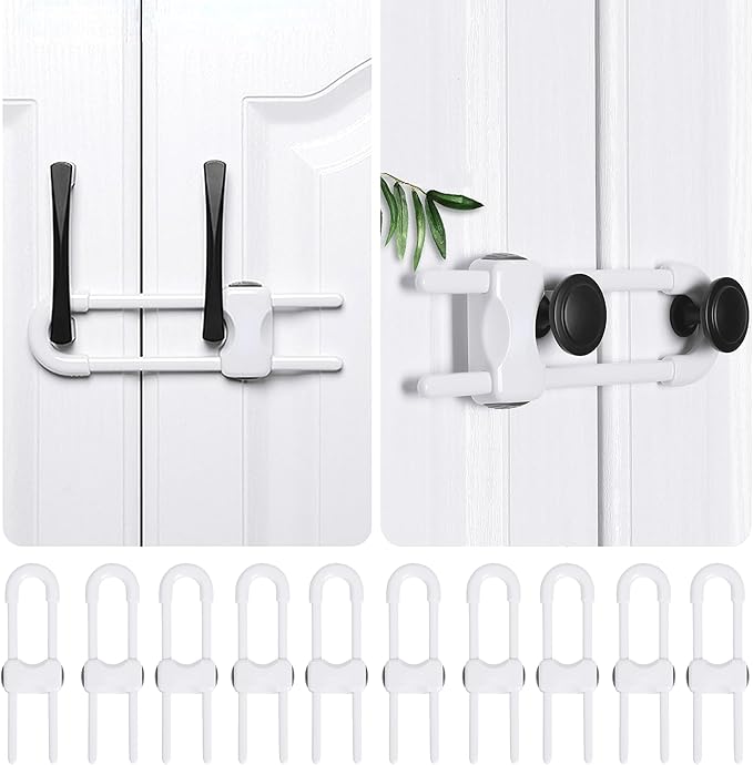 10 PACK Child Proof Cabinet Locks Set, Baby Proofing Adjustable U-Shaped Sliding Locks For Cabinets, Drawers, Closets, Cupboard Handles And Door Knobs. Easy to Use Perfect For Baby Safety (White)