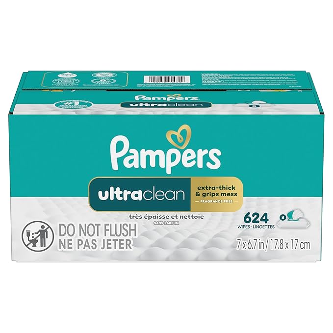 Pampers Ultraclean Baby Wipes (Previously 'Free & Gentle'), 99% Water, Hypoallergenic, Unscented, 100% Plant Based, Plastic-Free, 624 Wipes Total (8X Flip-Top Packs)