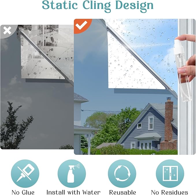 Haton Window Privacy Film One Way Window Tint for Home, Sun UV Blocking Heat Control Reflective Mirror Film, No Glue Static Cling See Out Not in Glass Door Covering, Silver, 17.5" x 157.4"