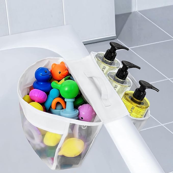 Bath Toy Storage, 2 Compartments Bathtub Toy Storage, Easy to Place, Mesh Material Bath Toy Holder Keeps Toys Dry and Breathable, Shower Toy Holder for Bathtub Developing Children's Storage Habits