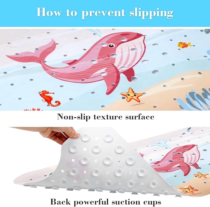 Secopad Bath Mat for Tub Non Slip, Machine Washable Anti-Slip Cartoon Baby Bathtub Shower Mat with Drain Holes and Suction Cups for Toddler & Kids (40 Inch x 16 Inch-Rectangular, Rosy Whale)