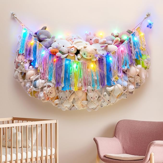 Boho Macrame Stuffed Animal Hammock with LED Lights – Large Wall Hanging Plushie Net, Corner Toy Organizer for Kids Bedroom, Nursery, Playroom & Dorm (Rainbow XXL)