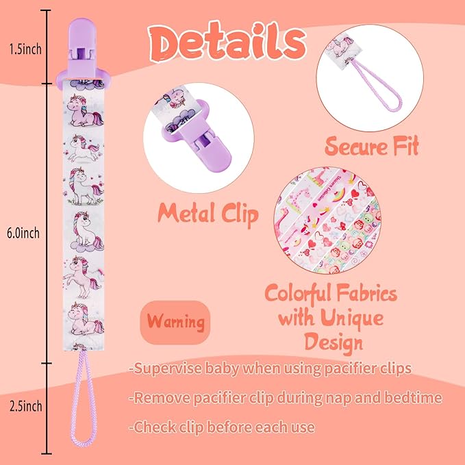 12 Pack Pacifier Clips with Adjustable Strap (32-46.5cm)/Short Strap(25.5cm) - Premium Polyester Baby Pacifier Holder Set, Multi-Design Clips for Boys Girls (Multicolor G 25/26cm)