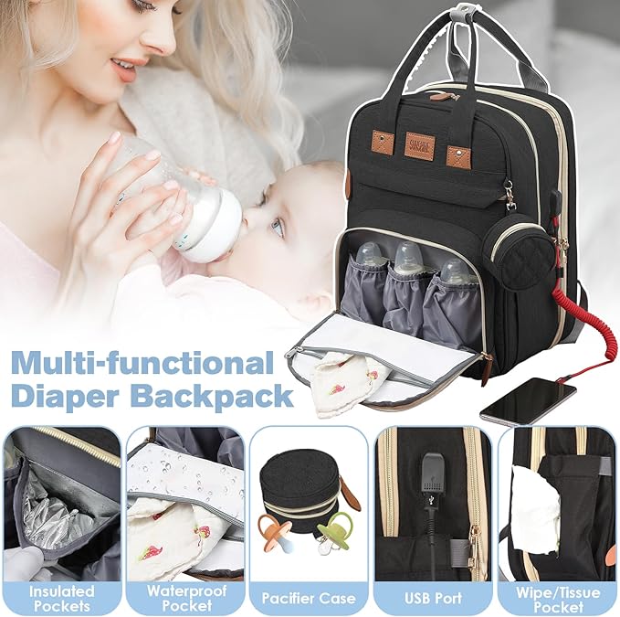 JSTPRO Diaper Bag Backpack, Large Diaper Bag with Changing Station, Baby Bag, New Mom Gifts, Lightweight Waterproof Unisex Diaper Bag with Insulated Pockets and USB Charging Port, Black