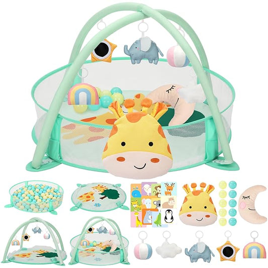 7-in-1 XL Large Baby Play Gym Mat, Tummy Time Mat, Baby Gym & Ball Pit, Baby Activity Mat with Milestone Cards & 6 Detachable Toys for Sensory Motor Skill, Giraffe