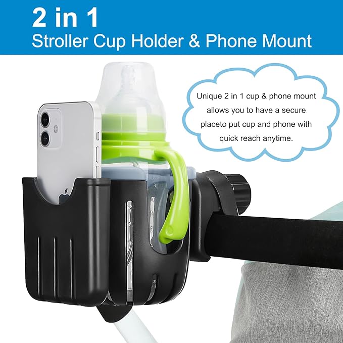 Accmor Stroller Cup Holder with Phone Holder, Universal Cup Holder, 2-in-1 Cup Phone Holder for Stroller, Bike, Walker, Wheelchair