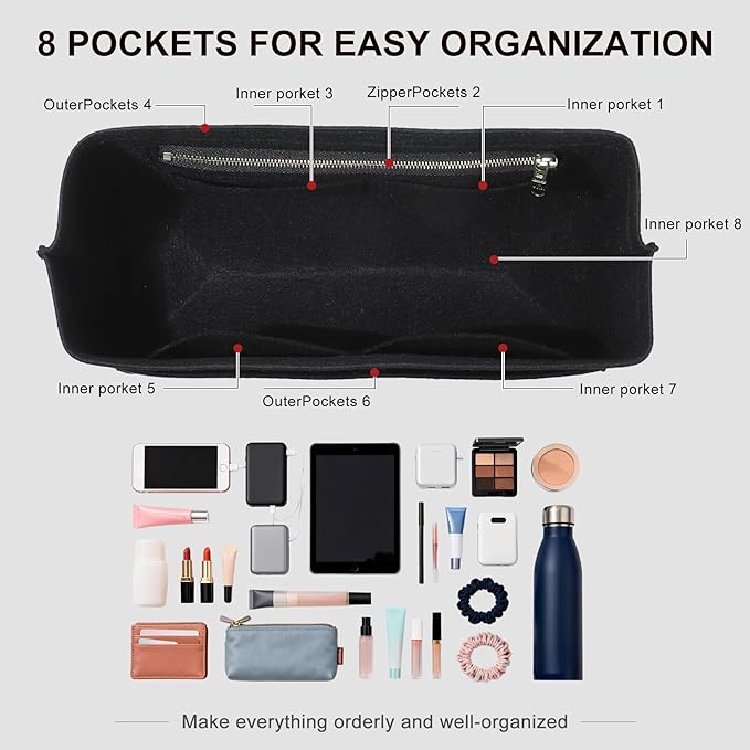 Premium Felt Purse Organizer Insert Compatible with Long Champ Le Pliage L Backpack, Lightwieight Bag Divider Shaper with 8 Pockets & YKK Zipper, Black/LB