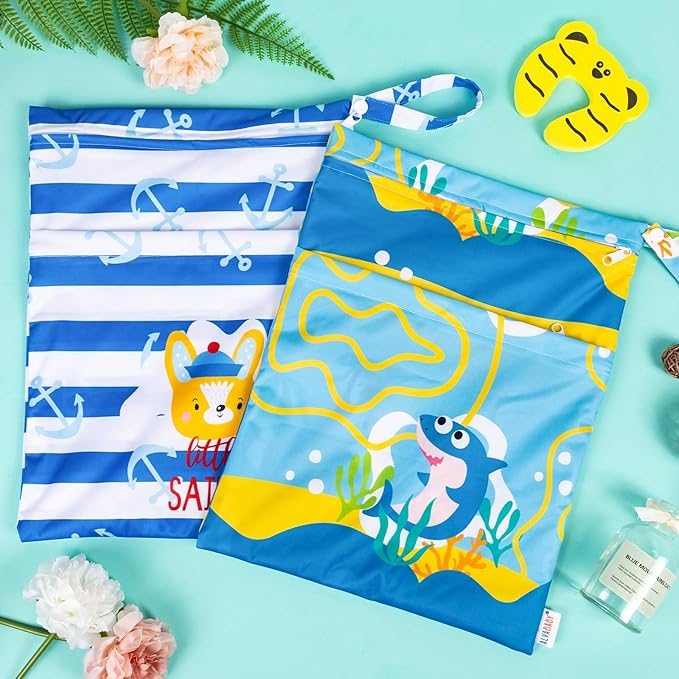 ALVABABY 2pcs Waterproof Wet Dry Bags,Reusable with Two Zippered Pockets,Baby Cloth Diaper,Travel,Beach,Pool,Daycare,Soiled Baby Items,Yoga Gym Bag,Swimsuits or Wet Clothes LW-SWDBS9394