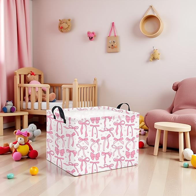 TIBAOLOVER Rectangular Kids Storage Basket for Home Kitchen Girls Cute Storage Bin Organizer Shelf Book Room Decor(Pink Bowknot)