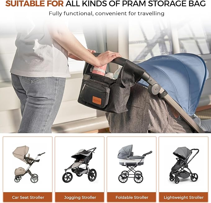 Stroller Organizer with Cup Holder Detachable Wristlet Large Capacity Baby Stroller Bag for Mom, Fits Uppababy, Baby Jogger, Britax, BOB, More (Black)