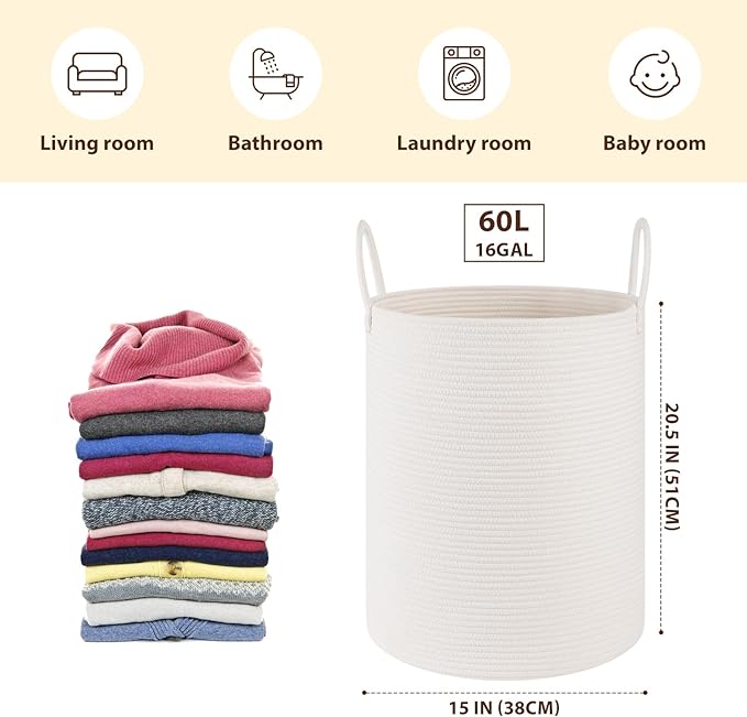 OIAHOMY Large Laundry Basket Hamper - 60L Cotton Rope Woven Basket for Blankets, Toys, Clothes - Tall Decorative Nursery Hamper with Long Handles, White