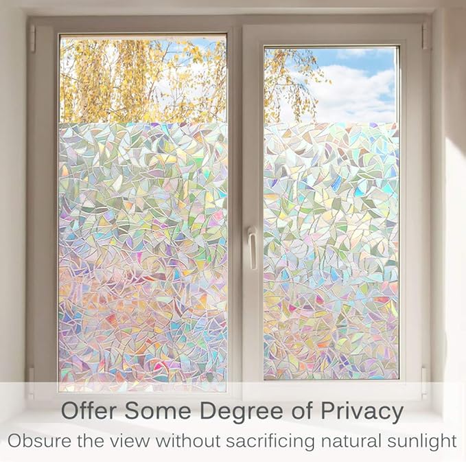 Volcanics Window Privacy Film with Installation Tools, Static Window Clings Vinyl 3D Window Decals Window Stickers Rainbow Window Film for Glass Door Heat Control Anti UV 35.4 x 157.4 Inches