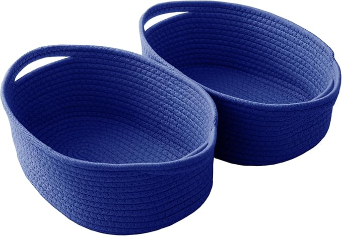 JMvicyroam Woven Basket,Small Rope Storage Bin with Handles & Ribbon Bag, Organizer for Shelves Closets,Gift Basket Empty for Birthday,Books,Dog Toys, Navy Blue/2 Pack
