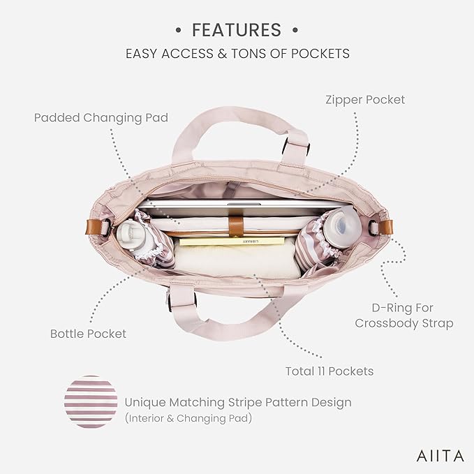 AIITA Diaper Bag Tote,Baby Diaper Bags,Convertible Diaper Bag Backpack,Crossbody Tote Bag for Women,Stylish Shoulder bag with Changing Pad,Baby Registry, Work Tote,Travel Gym Bag,Pink