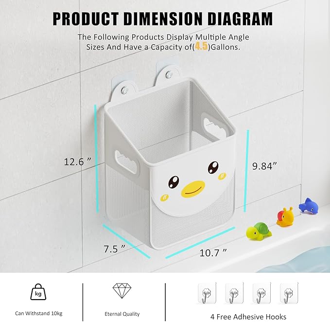 Ligereza Quick Fetch Way Bath Toy Storage, Cute Mesh Bath Toy Organizer, Large Capacity and Large Opening Baby Bathtub Toy Holder for Tub, Multipurpose Mesh Shower Bag (White)