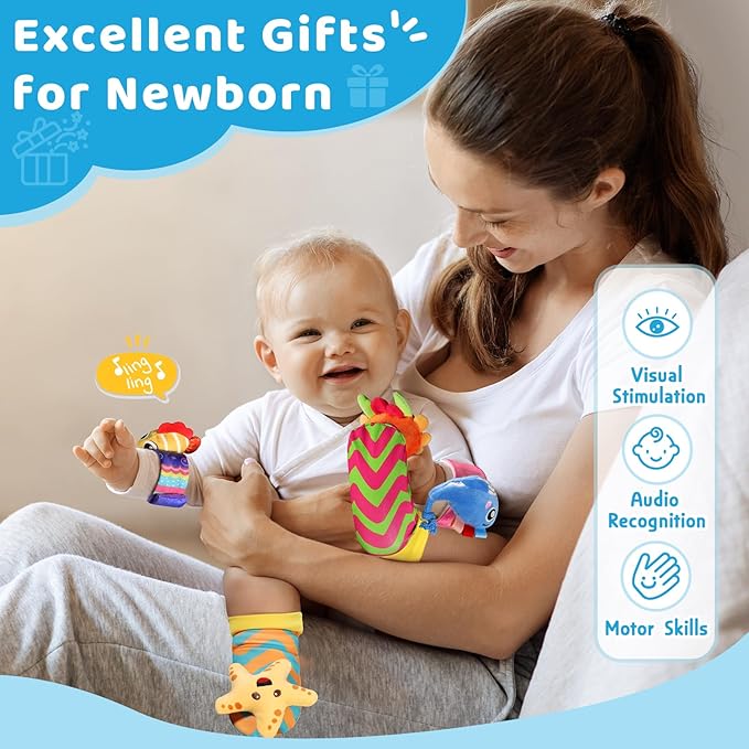URMYWO Wrist Rattles for Baby - Rattle Socks - Foot Finder Set - Baby Toys for 0-12 Months Infant - Newborn Essentials - Early Learning Sensery Toys for Boys and Girls as Shower Gifts Stocking Stuffer