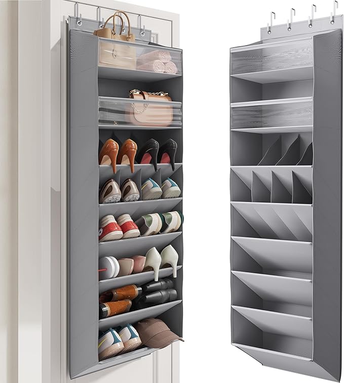 Mefirt 8 Tier Clear Over the Door Shoe Organizer with Deep Pockets, Door Shoes Rack with hard Cardboard and Tubes to Keep the Shape, Hanging Shoe Rack for Closet Organizers, Shoe Holder Grey