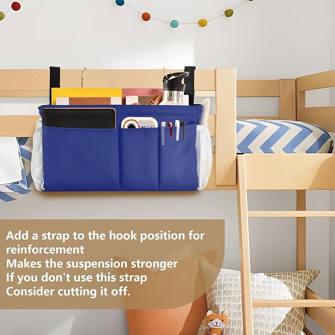 KOPIRIT Blue Bedside Caddy Storage Bag Bedside Organizer for Bunk Bed Headboards College Organizer Caddy Hanging Shelf 6 Pockets with Hooks for Book Glasses Phone Holder