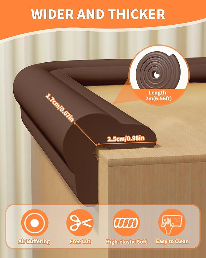 QYV Edge Protector for Baby Proofing, 6.6FT 0.67’’Th L-Shape Air Buffering Soft NBR Rubber Foam Furniture Edge Bumper Guards with 6 Corners, Pre-Taped, Thick Table Bumper Guard for Babies (Coffee)