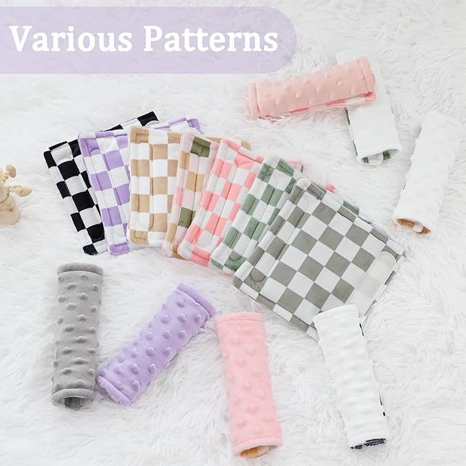 DILIMI Baby Car Seat Belt Covers, 2Pcs Carseat Shoulder Strap Pads, Soft Minky Car Seat Neck Covers, Newborn Car Seat Strap Protectors, Stroller Strap Covers for Baby Kids, Purple Checkered