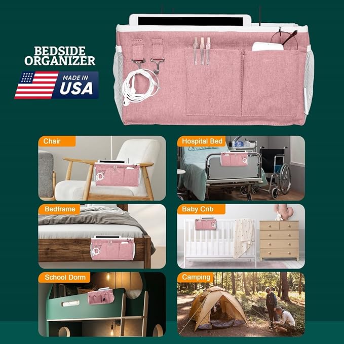 Bedside Caddy Organizer Hanging Storage Bag with Pockets for Books, Magazines, Phone, Tablet & Water Bottle – 2-Pack Bedside Storage for Dorm Rooms, Bunk Beds, Hospital Beds & Cribs,Pink