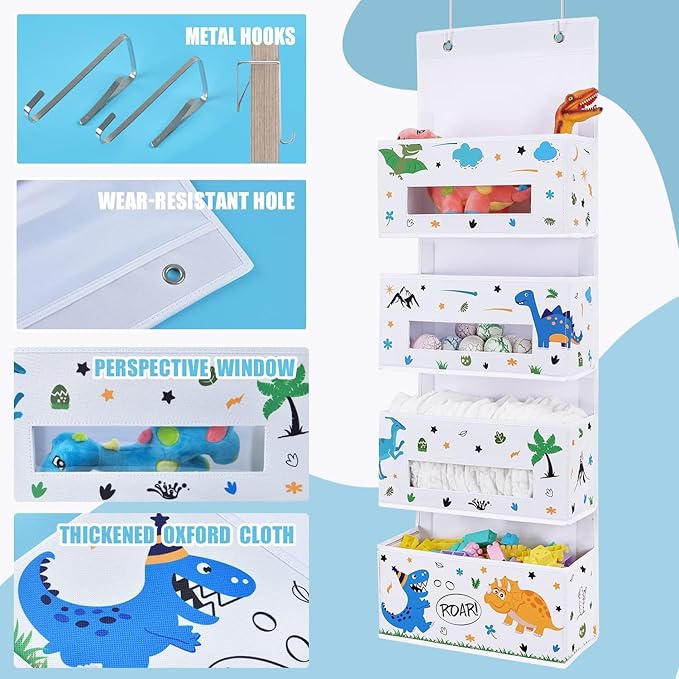 WERNNSAI Dinosaur Over Door Hanging Organizer - Behind Door Storage with 4 Clear Window Pockets for Baby Boys Room Organization Toy Diaper Closet Pantry Bedroom Bathroom Nursery Decor