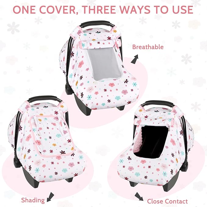 Pea Pod Car Seat Cover Baby, Infant Car Seat Canopy Covers with 2 Layers Windows of Breathable Mesh Fabric, Lightweight Polyester, Soft Minky Dot Backing (Floral Pattern)