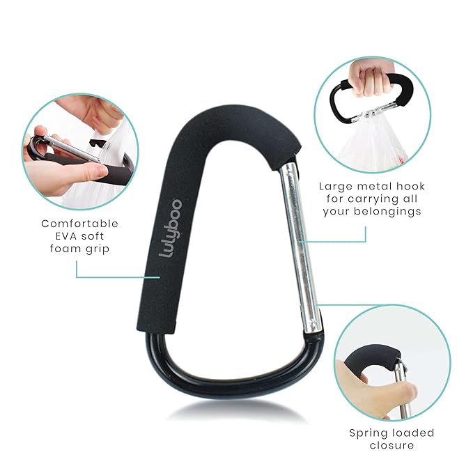 Lulyboo Multi-Use Metal Organizer Hook - Heavy-Duty Stroller, Diaper Bag & Purse Carabiner with Spring-Loaded Closure, EVA Grip, Black - Lightweight, Versatile, Holds Up to 99 lbs