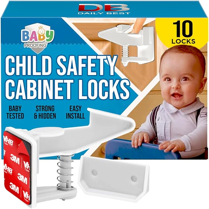 Cabinet Locks for Babies - Child Safety Latches 10 Pack - Invisible Adhesive Baby Proofing Drawer Locks - Works with Most Cabinets and Drawers - No Drilling Installation - (White)