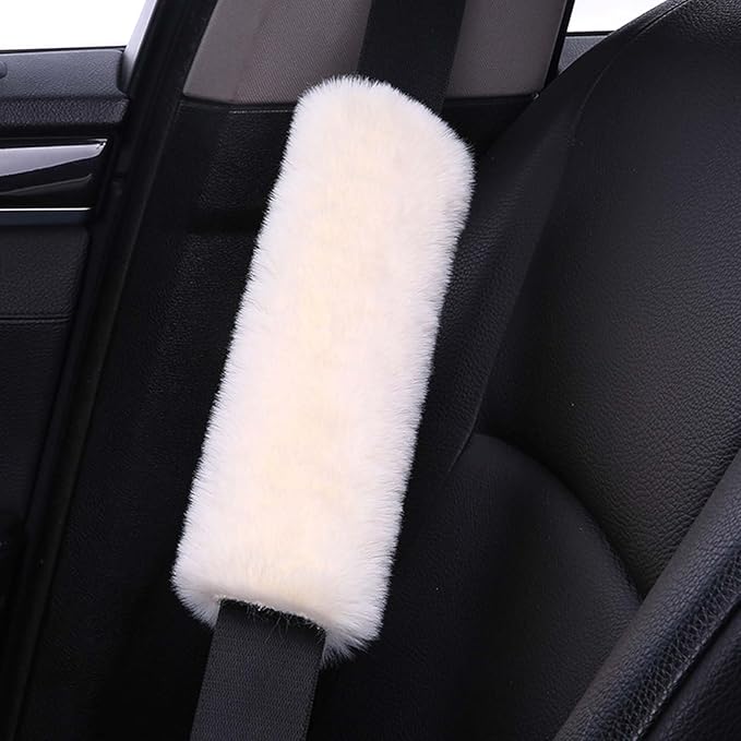 2-Pack Soft Plush Seatbelt Covers for Kids - Comfortable Seat Belt Cushion for Newborns - Car Seat/Stroller Strap Accessories - Enhanced Driving Comfort & Protection (White)
