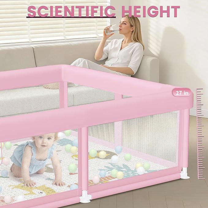 Large Baby Playpen with Mat 50"x50" Baby Girl Play Pen for Babies and Toddlers, Safe Structure and Soft, Skin-Friendly Fabric with Zipper Gates Pink