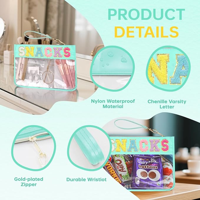 Chenille Letter Clear Zipper Pouch for Travel Preppy Patch Makeup Bag-Nylon Cosmetic Preppy Makeup Waterproof Organizer Bag Set for Women Valentines Bag (LS-SNACKS)