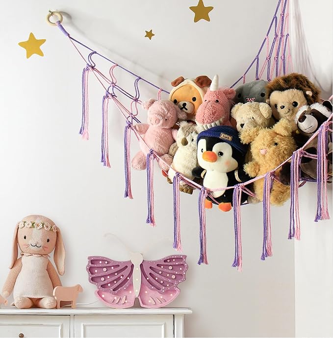 Large Stuffed Animal Hammock Corner Net for Toys Storage Hanging Stuff Animal Organizer Holder Pink Purle Girls Room Bedroom Boho Nursery Decor