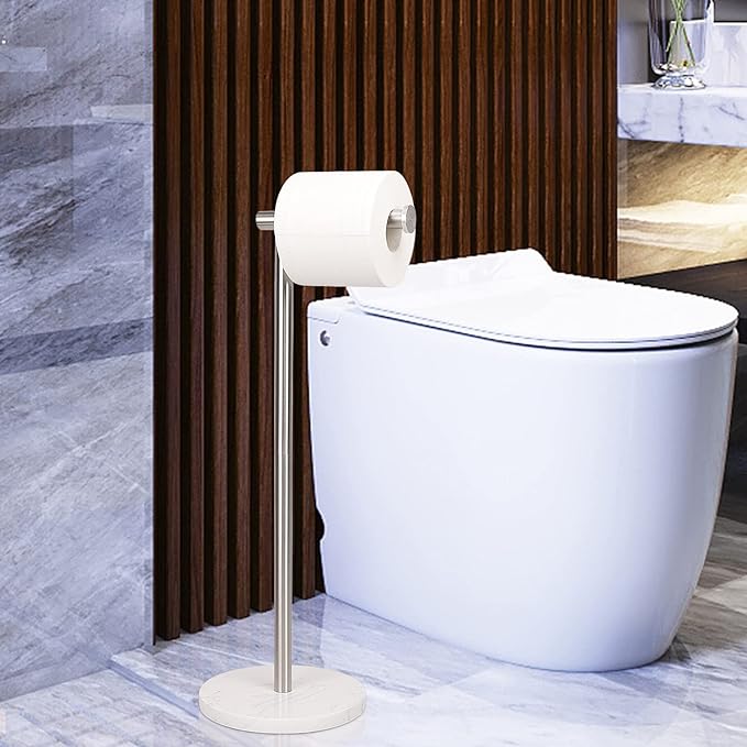 NearMoon Bath Toilet Paper Holder Stand- Modern Tissue Roll Holder Standing with Balanced Base, Rustproof Toilet Roll Holder for Bathroom/Kitchen Countertop (Brushed Nickel, Marble Base)