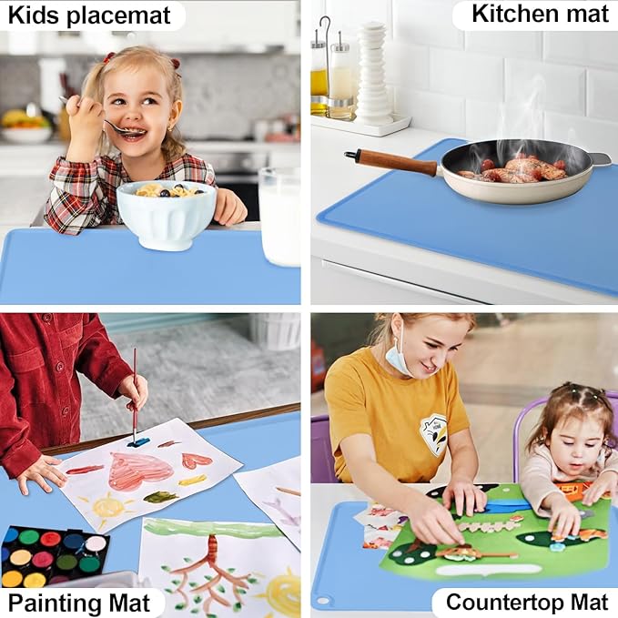 Standard Silicone Table Placemat-Food Grade Kids Dinner Placemat Reusable Countertop Mats Dough Pad with Raised Edges Blue Silicone Mat Heat Resistant for Air Fryer (1Pack 23.6'' x 15.7'')
