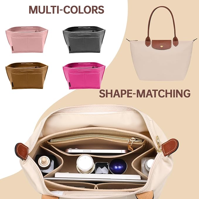OPPOSHE Purse Organizer Insert for Longchamp Le Pliage, Premium Felt Long Champ Bag Handbag Women, Tote Organizer Insert with 9 Compartments (Medium, Grey)