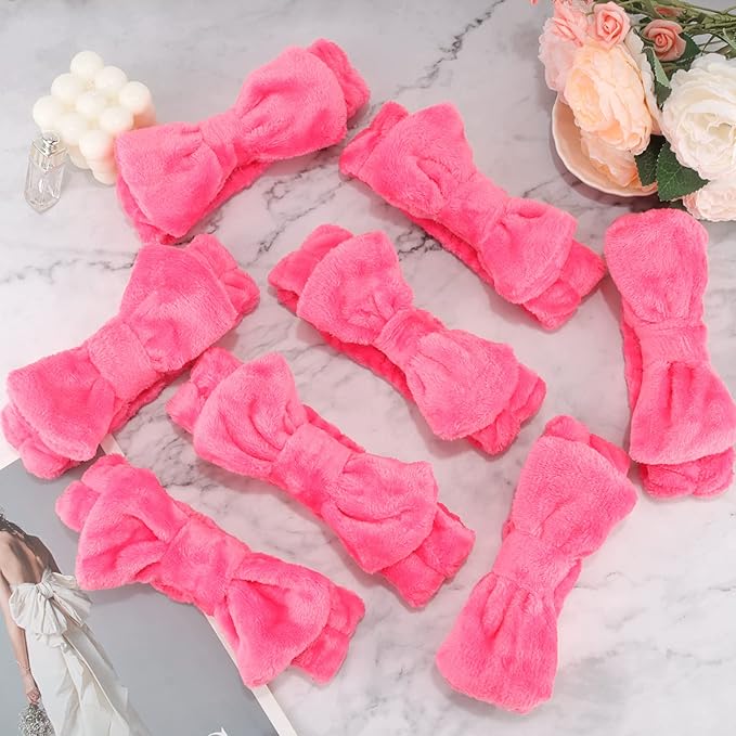 Ondder Spa Headband for Washing Face, Rose Red Terry Cloth with Cute Bow, Skincare Headbands for Women Girls, 8 Pack