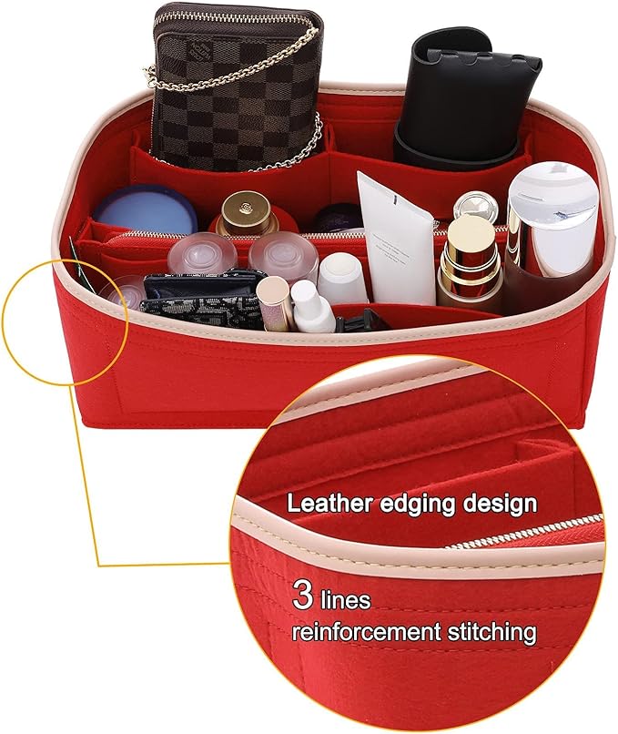 Doxo Purse Organizer Insert for Handbags & Base Shaper Combination,Tote Bag Organizer Insert with 6 Sizes,Compatible with LV Speedy 25 & Neverfull PM ON THE GO and More(Red-Medium)