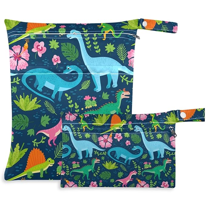 visesunny Dinosaur Tropical Leaf Flower 2Pcs Wet Bag with Zippered Pockets Reusable Roomy Diaper Bag for Travel,Beach,Pool,Daycare,Stroller,Diapers,Dirty Gym Clothes, Wet Swimsuits, Toiletries