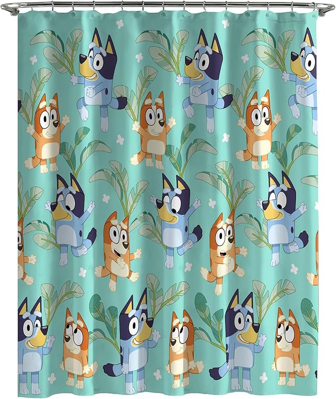 Jay Franco Bluey and Bingo Fabric Shower Curtain - Kids Teal Bathroom Décor