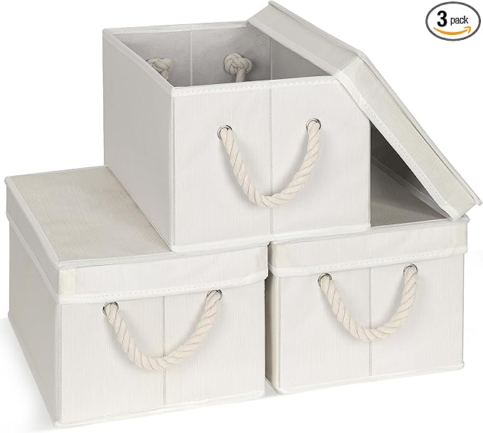 Set of 3 Fabric Bins for Organization - Foldable & Stackable With Lid & Rope Handles - Collapsible Fabric Storage Cubes Lightweight & Sturdy Bottom, Space Saving Collapsible Bin, Ivory