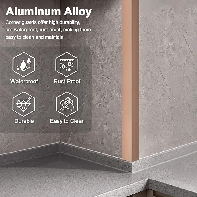 4PCS 45" Aluminum Metal Corner Protectors, Self Adhesive Corner Guards, Metal Wall Edge Protector Strip, Furniture Corner Protectors, Wall Cabinet Baseboard Decoration 45" x 2" (Rose Gold)