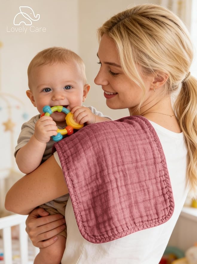 Lovely Care 12 Pack Muslin Burp Cloths 100% Cotton Muslin Cloths Large 20''x10'' Extra Soft and Absorbent Baby Burping Cloth - Blush and Terracotta